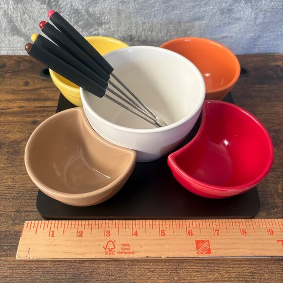 Pier One Imports Vintage Stoneware Fondue Set Bowl Stand Forks & Tray Multicolo - Picture 6 of 10